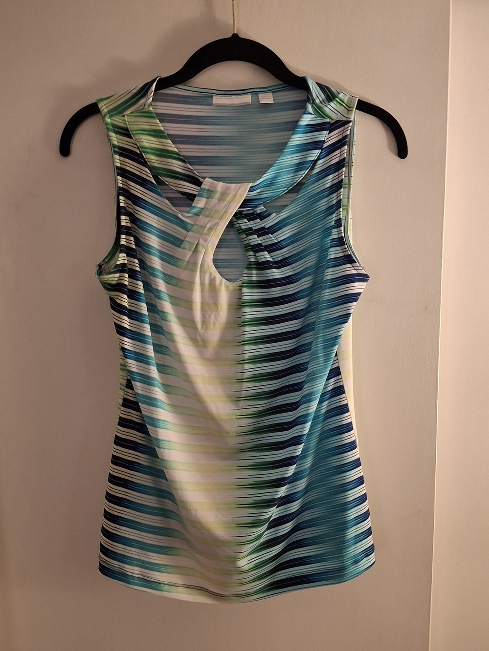 New York & Company Women's Green, Blue & White Striped Keyhole Tank